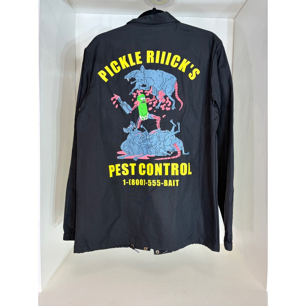 BAIT Rick and Morty Coach Jacket Mens Medium Black Pickle Rick Pest Control